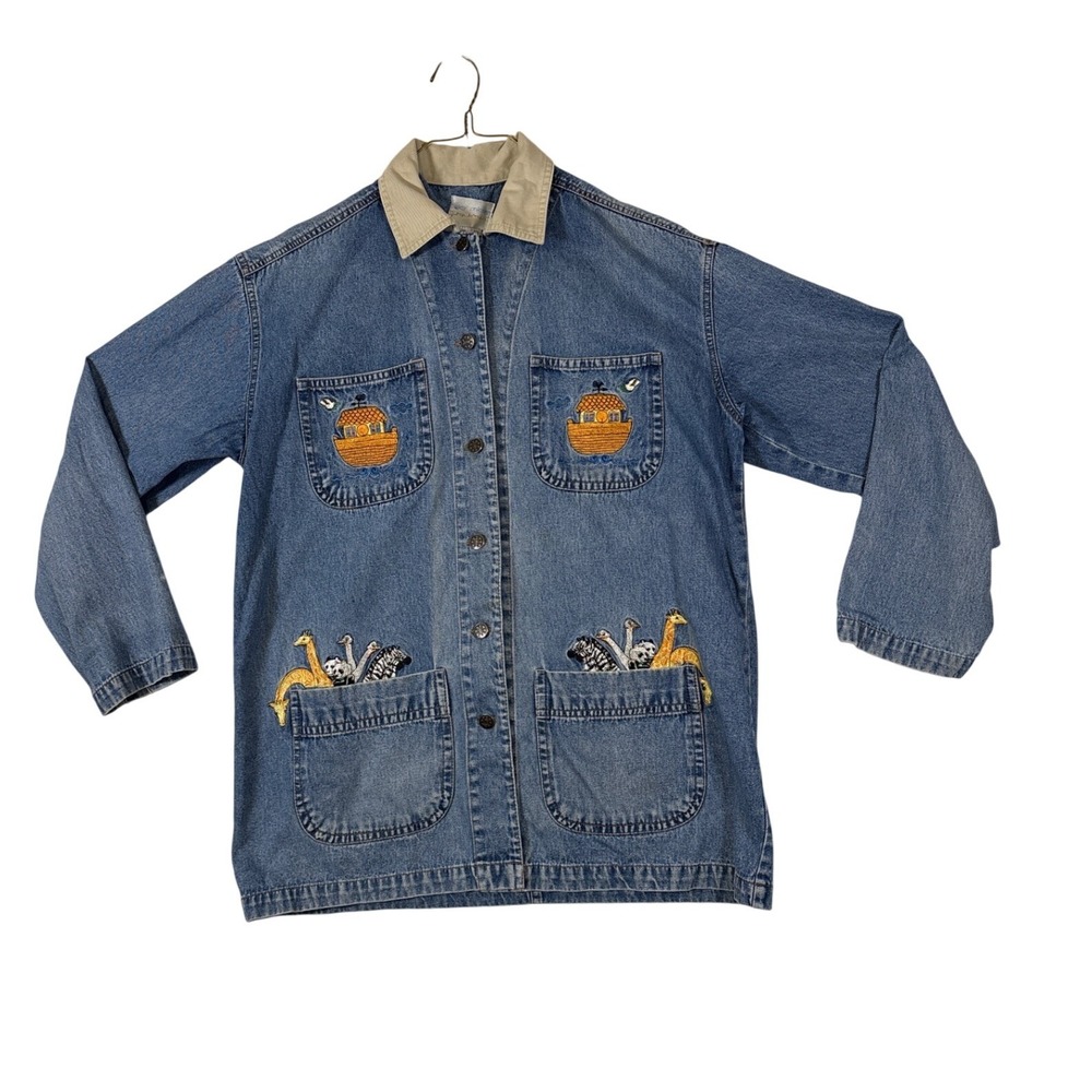 Casey Coleman Vintage Noahs Ark Denim Jacket Embroidered Animals Teacher M L
